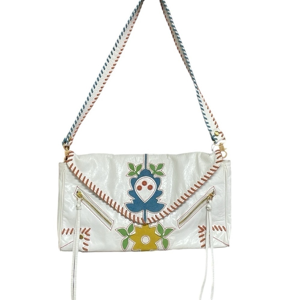 Loop Designer Envelope Purse Colorful Floral White Leather Stitching Bohemian